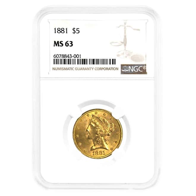1881/881 $5 Liberty Head Half Eagle Gold Coin NGC MS 63 FS-304