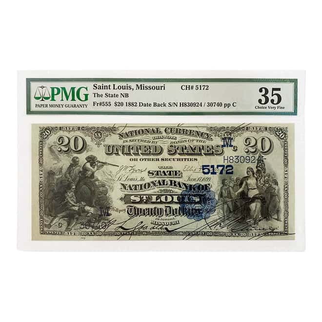 1882 Date Back $20 Currency Note Saint Louis, Missouri PMG VF 35
