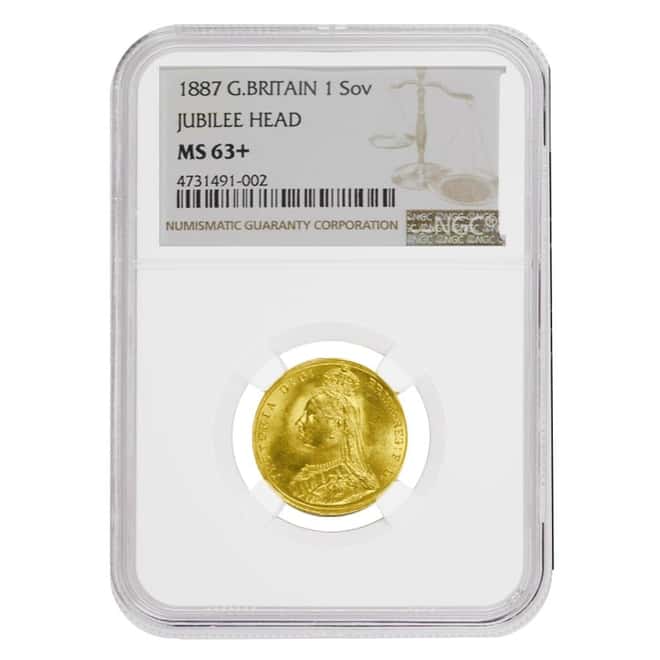 1887 British Gold Sovereign Victoria Jubilee Head NGC MS 63+