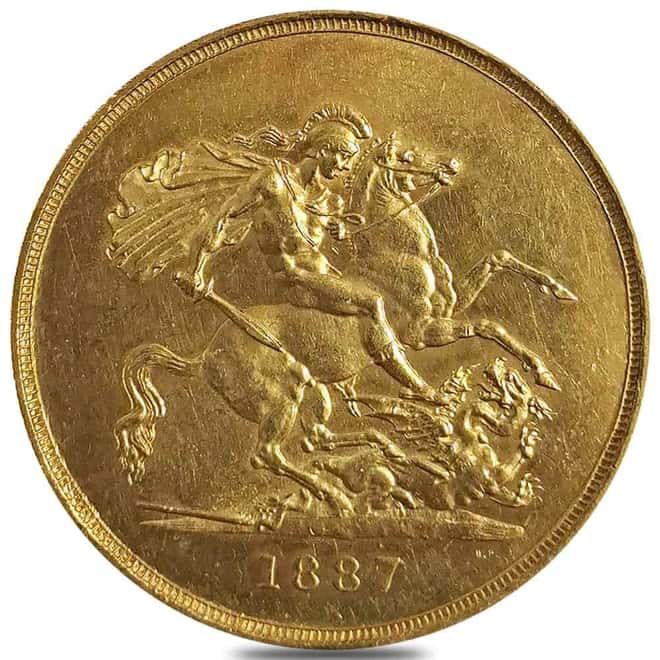 1887 Great Britain 5 Pounds Queen Victoria Gold Coin AU