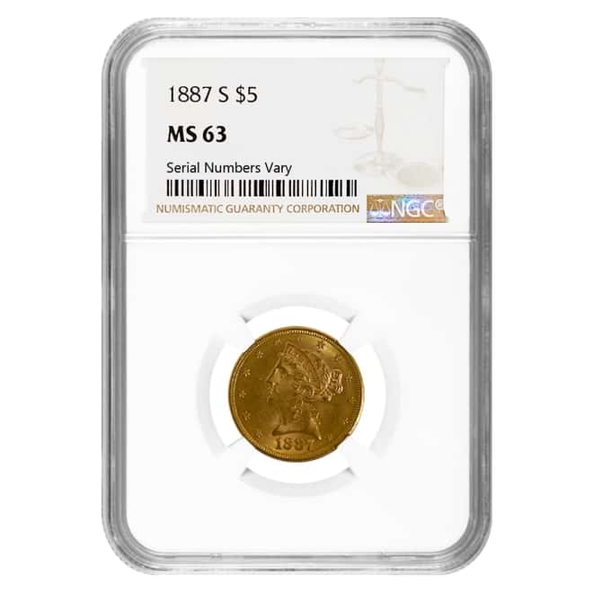 1887 S $5 Liberty Head Half Eagle Gold Coin NGC MS 63