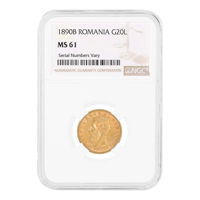 1890 B Romania 20 Lei Carol I Gold Coin NGC MS 61
