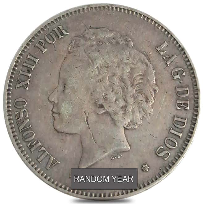 1892-1894 Spain 5 Pesetas Alfonso XIII Silver Coin Circ (Random Year)
