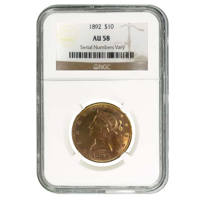 1892 $10 Liberty Head Gold Eagle Coin NGC AU 58