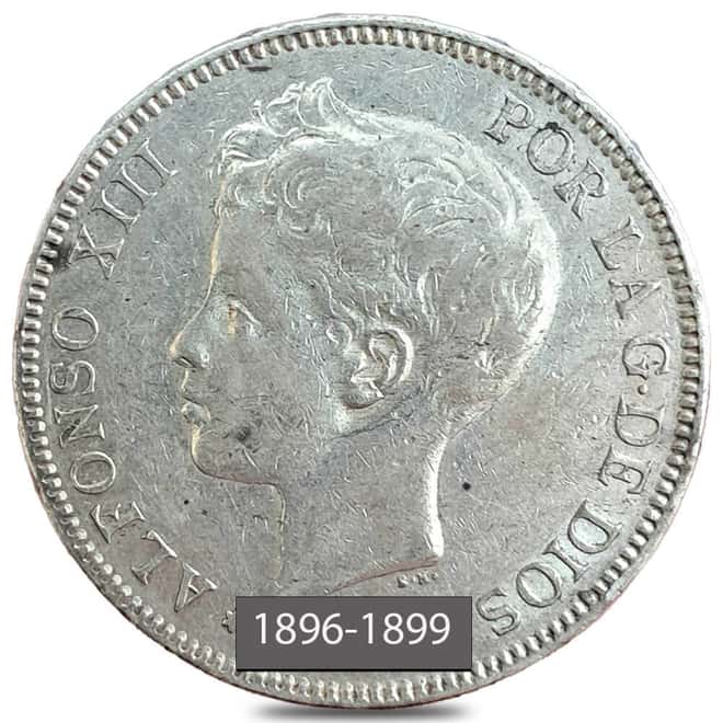 1896-1899 Spain 5 Pesetas Alfonso XIII Silver Coin Circ (Random Year)