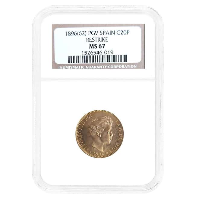 1896 (1962) PGV Spain 20 Pesetas Alfonso XIII Gold Coin Restrike NGC MS 67