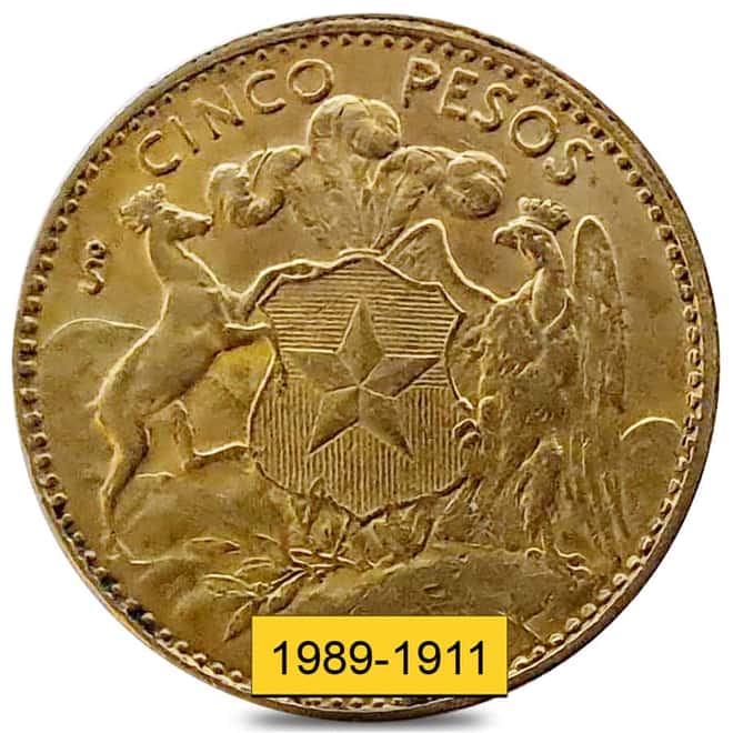 1898-1911 Chile 5 Pesos Gold Coin Avg Circ (Random)