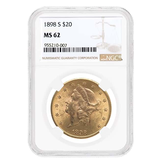 1898 S $20 Liberty Head Gold Double Eagle Coin NGC MS 62