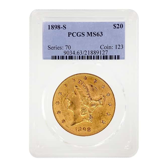 1898 S $20 Liberty Head Gold Double Eagle Coin PCGS MS 63
