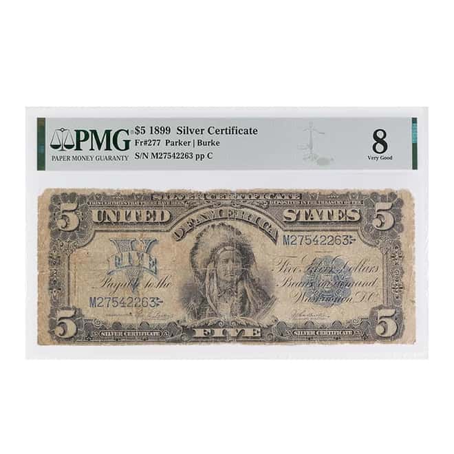 1899 $5 Silver Certificate Currency Note Parker Burke PMG VG 8