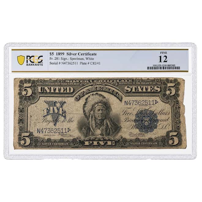 1899 $5 Silver Certificate Currency Note Speelman White PCGS F 12