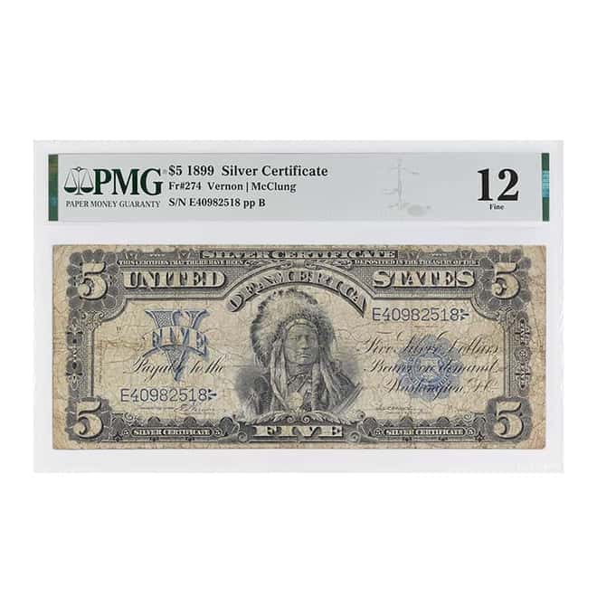 1899 $5 Silver Certificate Currency Note Vernon McClung PMG F 12