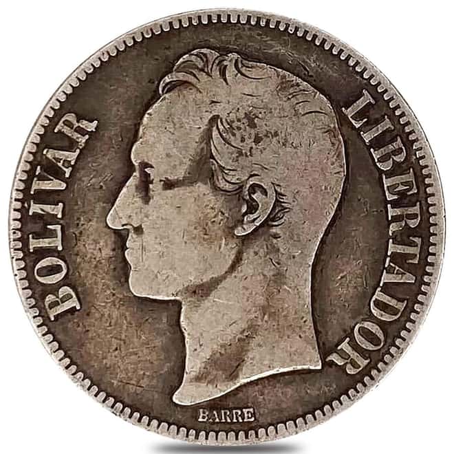 1900-1936 Venezuela 5 Bolivares Silver Coin Avg Circ ASW .7234 oz (Random Year)