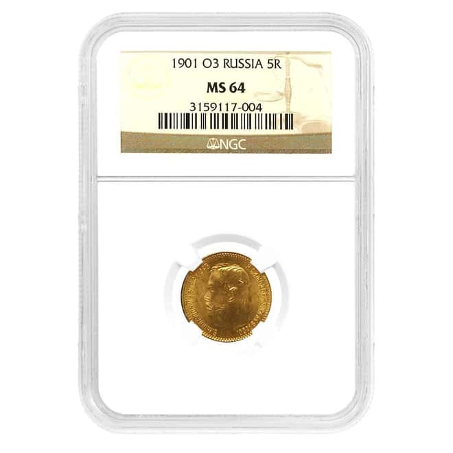 1901 O3 Russia 5 Roubles Nicholas II Gold Coin NGC MS 64