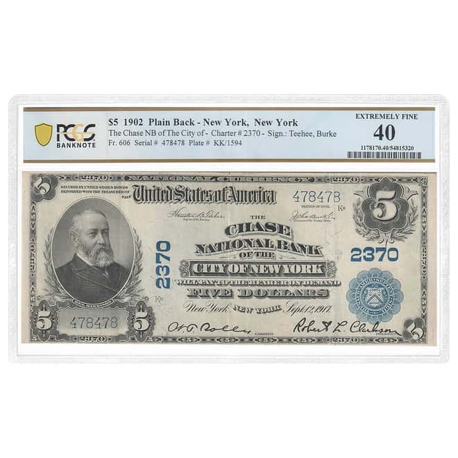 1902 $5 Chase National Bank of New York Currency Note PCGS XF 40
