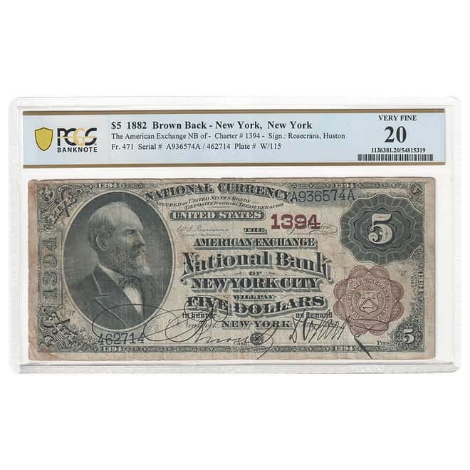 1882 $5 American Exchange National Bank of New York Currency Note Brown Back PCGS VF 20