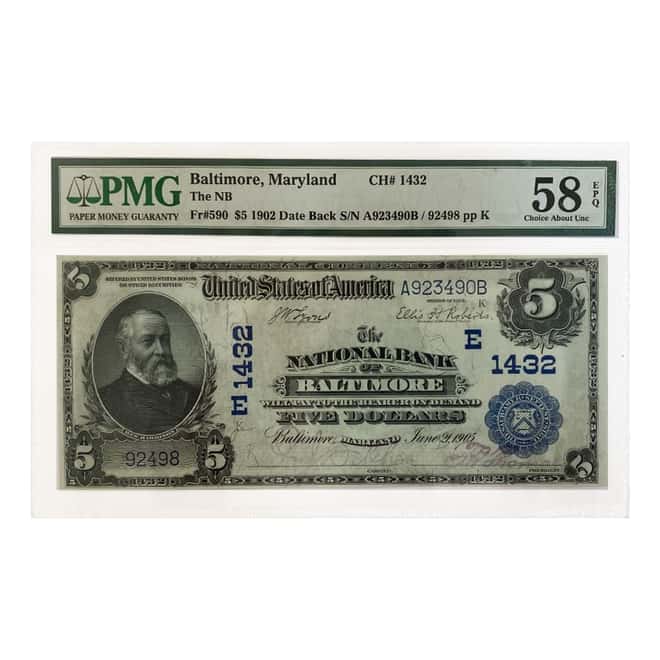 1902 $5 National Bank of Baltimore Maryland Date Back Currency Note PMG AU 58 EPQ