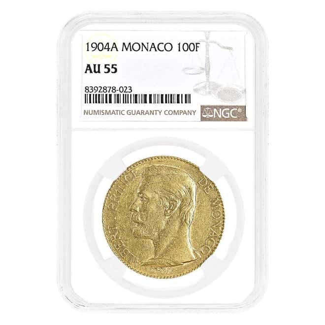 1904 Monaco 100 Francs Albert I Gold Coin NGC AU 55
