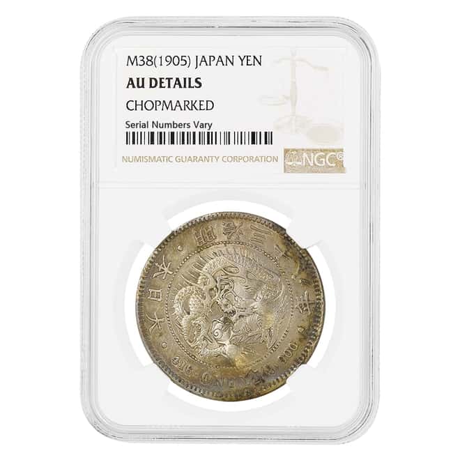 1905 (M38) Japanese Dragon One Yen Silver Coin NGC AU Details (Chopmarked)