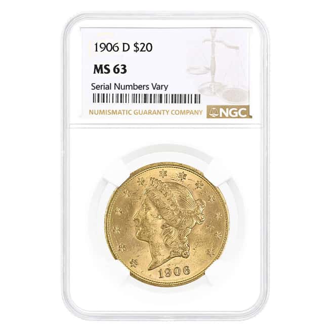 1906-D $20 Liberty Head Double Eagle Gold Coin NGC MS 63