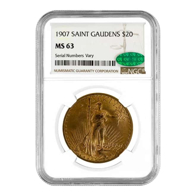 1907 $20 Gold Saint Gaudens Double Eagle Coin NGC MS 63 CAC