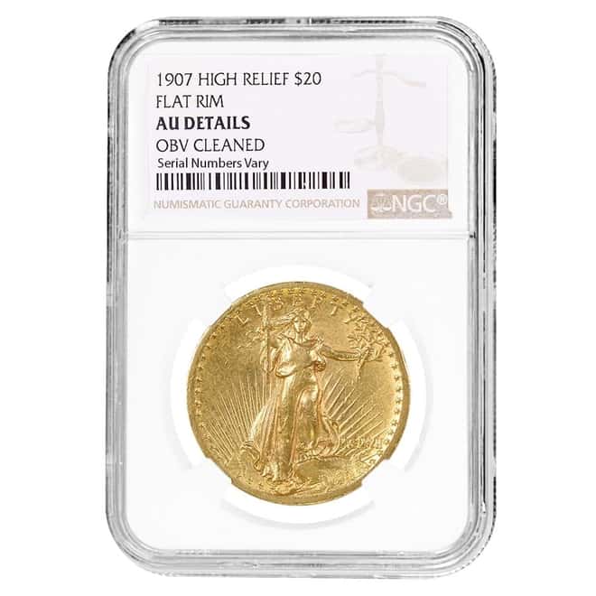 1907 $20 Gold Saint Gaudens Double Eagle High Relief Flat Rim Coin NGC AU Details