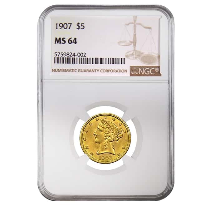 1907 $5 Liberty Head Half Eagle Gold Coin NGC MS 64