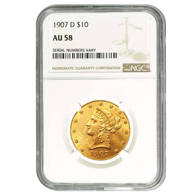 1907 D $10 Gold Liberty Head Eagle Coin NGC AU 58
