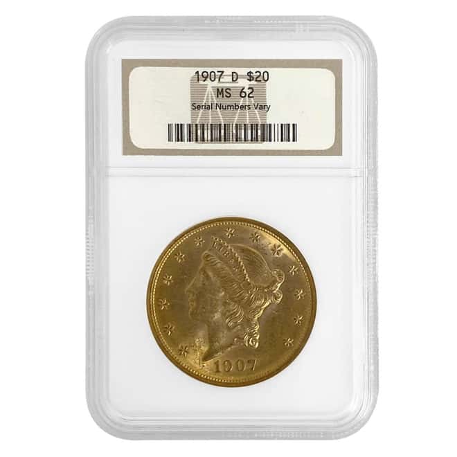 1907 D $20 Liberty Head Double Eagle Gold Coin NGC MS 62