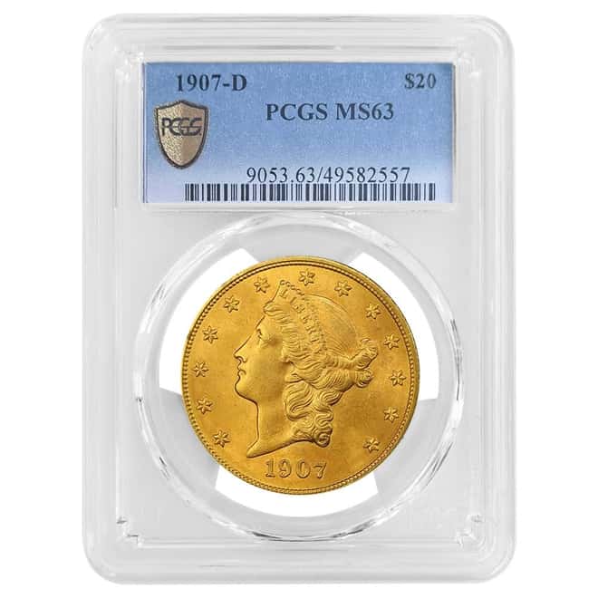 1907-D $20 Liberty Head Double Eagle Gold Coin PCGS MS 63