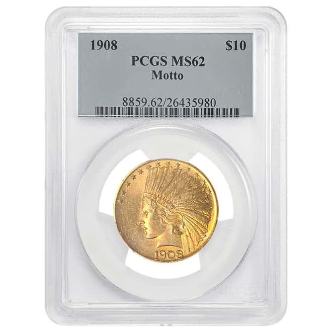 1908 $10 Indian Head Gold Eagle Coin PCGS MS 62