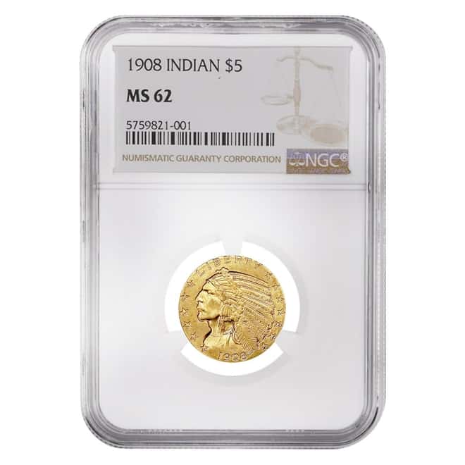 1908 $5 Indian Head Half Eagle Gold Coin NGC MS 62