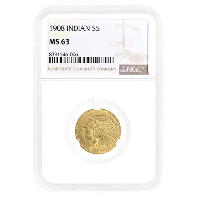 1908 $5 Indian Head Half Eagle Gold Coin NGC MS 63