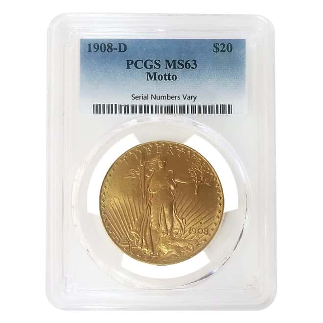 1908 D $20 Gold Saint Gaudens Double Eagle Motto PCGS MS 63