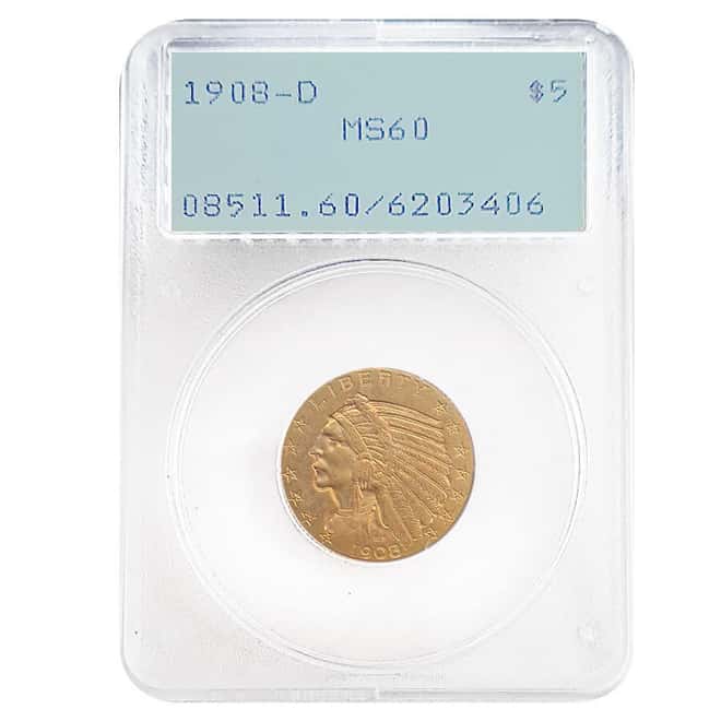 1908-D $5 Indian Head Half Eagle Gold Coin PCGS MS 60 (Rattler Holder)
