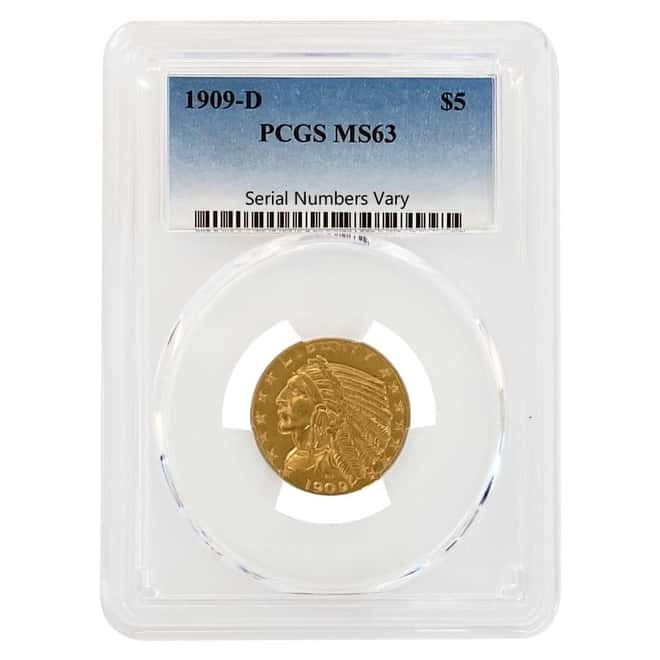 1909 D $5 Gold Half Eagle Indian Head PCGS MS 63