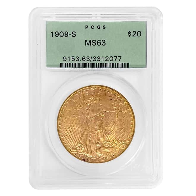 1909 S $20 Gold Saint Gaudens Double Eagle Coin PCGS MS 63 OGH