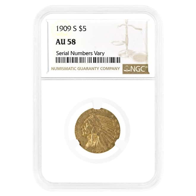 1909 S $5 Indian Head Half Eagle Gold Coin NGC AU 58