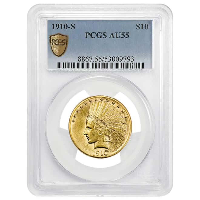 1910-S $10 Indian Head Gold Eagle Coin PCGS AU 55