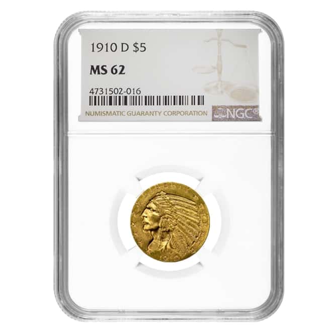 1910 D $5 Indian Head Half Eagle Gold Coin NGC MS 62