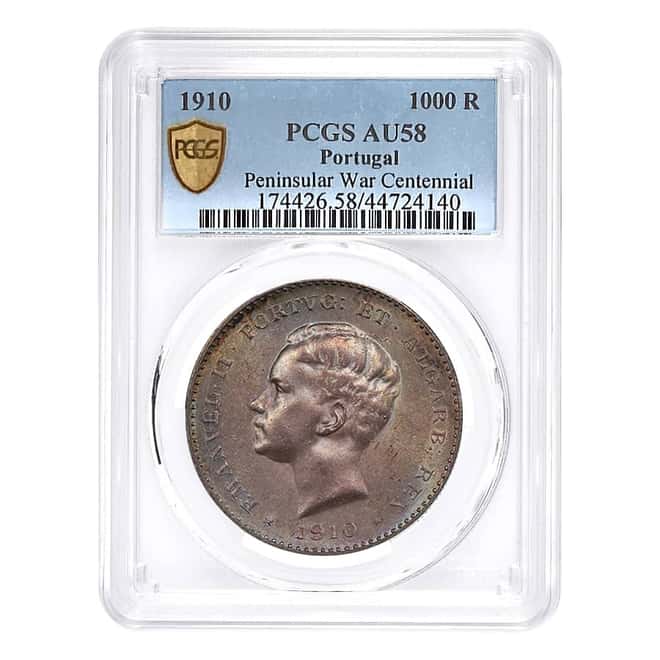 1910 Portugal 1000 Reis Emanuel II Silver Coin PCGS AU 58