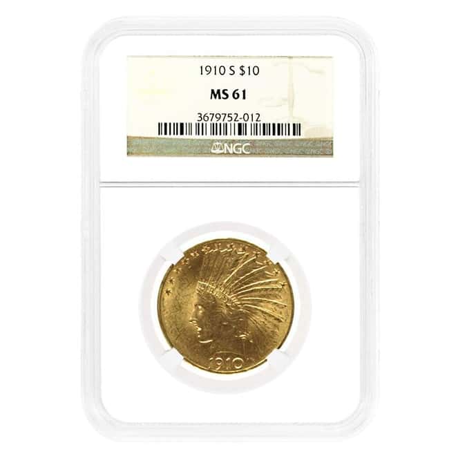 1910-S $10 Indian Head Gold Eagle Coin NGC MS 61