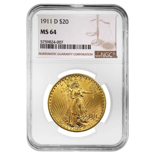 1911 D $20 Gold Saint Gaudens Double Eagle Coin NGC MS 64