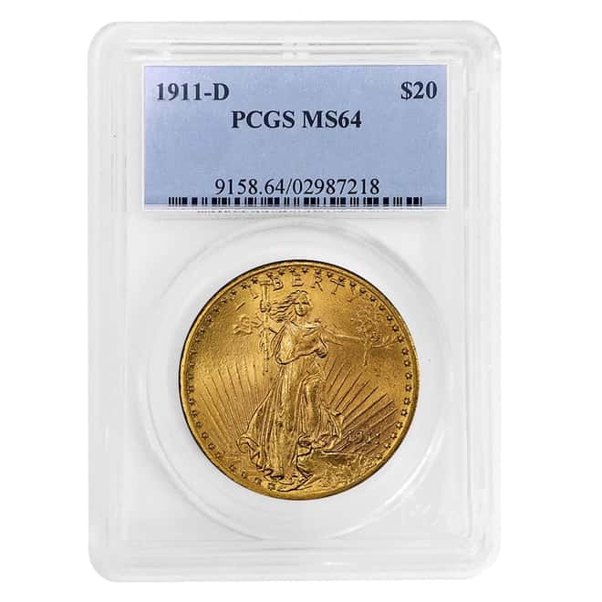 1911 D $20 Gold Saint Gaudens Double Eagle Coin PCGS MS 64