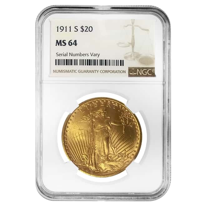 1911 S $20 Gold Saint Gaudens Double Eagle Coin NGC MS 64