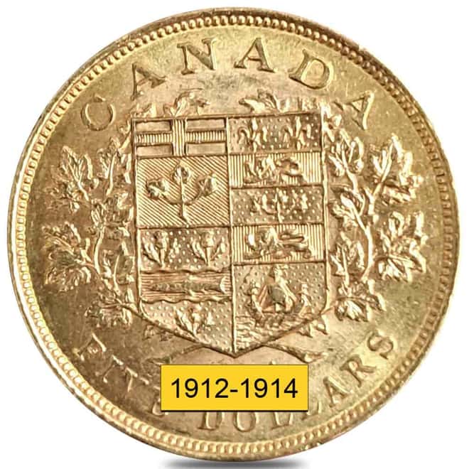 1912-1914 Canada George V $5 Gold Coin Scruffy (Random Year)