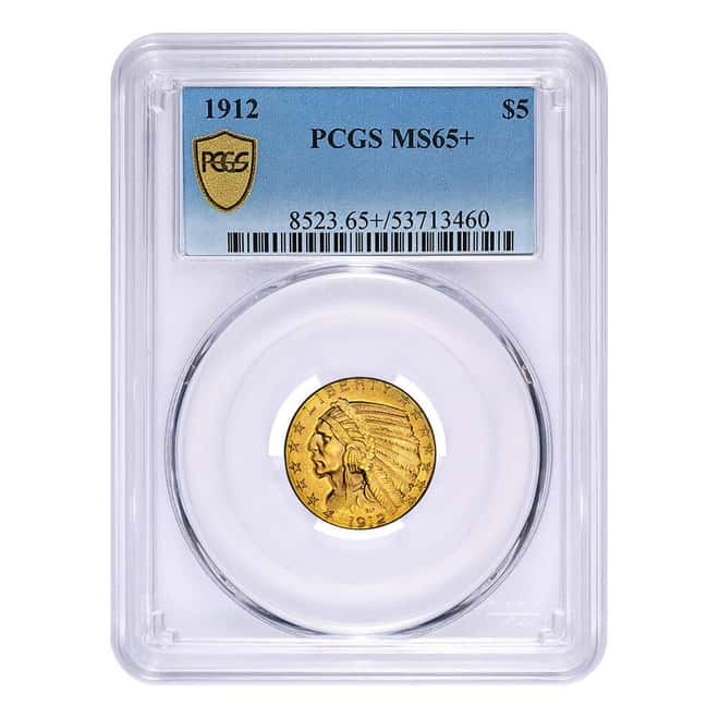 1912 $5 Indian Head Half Eagle Gold Coin PCGS MS 65+