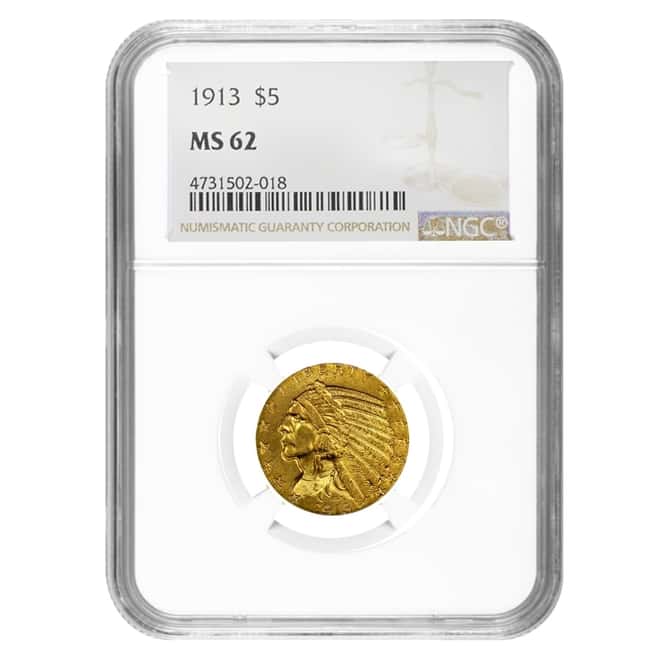 1913 $5 Indian Head Half Eagle Gold Coin NGC MS 62