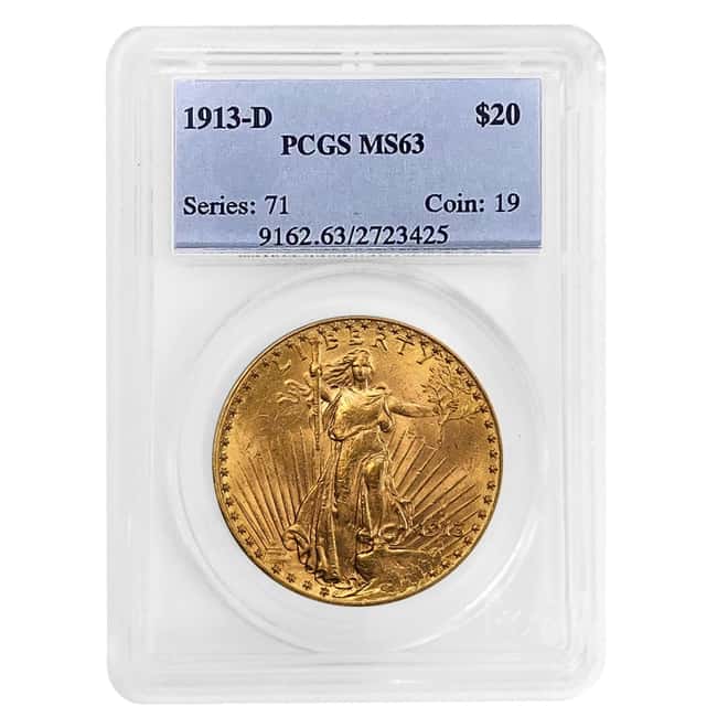 1913 D $20 Gold Saint Gaudens Double Eagle Coin PCGS MS 63