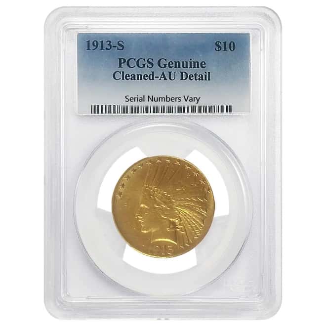 1913 S $10 Indian Head Gold Eagle Coin PCGS AU Detail
